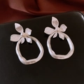 Asymmetric matte silver flower earrings with pearls on black leather background - Matte Silver Pearl Floral Earrings (43#)
