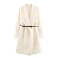 Elegant long knit coat in cream white with wide lapels and a slim dark brown waist belt - S / Milky White