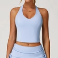 Top yoga azzurro con scollo a V allacciato al collo e pantaloncini sportivi coordinati - S / Blu Grigio Cielo