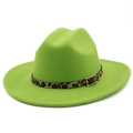 Detail of neon green wool fedora hat featuring a leopard print belt and golden buckle - M(56-58cm) / Fluorescent Green