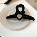 Plush black velvet shark hair clip featuring a gold heart accent with min engraving - Black Letter Heart (46#)