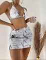 Three-piece bikini set with marble print halter top and ruched skirt in black and white - S / White