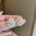 Boucles d'oreilles fleurs en perles de style français avec pétales en zircon brillant - 24# Tige en Argent-Blanc-Grappe de Fleurs