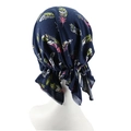 Navy blue pre-tied headscarf with colorful feather print and elastic pleat design - Navy Blue Feather