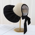 Women's wide brim sun hat with beige straw, black floral fabric, and large bow detail - M (56-58cm) / Black