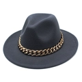 Close-up of dark grey wool fedora hat featuring a bold gold metal chain decoration - M (56-58cm) / Dark Gray