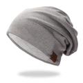 Unisex grey waffle knit slouchy beanie with brown leather F&S logo tag on white background - Standard / Light Gray