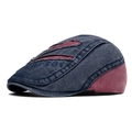 Distressed vintage newsboy cap in navy and red denim with Boston embroidery - Navy Blue