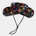 Detailed view of western bucket hat with 90s retro geometric pattern and windproof cord - Black Geometric Pattern