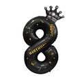 Ballon chiffre 8 noir en aluminium avec texte doré Happy Birthday et couronne argentée - Couronne Bronzage Numéro 8