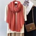 Pleated coral orange cotton linen scarf for women featuring frayed edges for a retro style - Coral Orange
