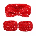 Red plush spa headband and wristband set with silver star foil patterns for face washing - Red 3-Piece Set