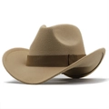 Detailed view of the khaki wool felt cowboy hat with a dark brown grosgrain hatband - Camel