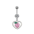Cute silver peach navel ring featuring a white pearl heart frame and a pink fruit charm - #2 Pink Peach Heart