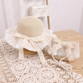 Detail of girls straw hat and matching lace bow bag on a warm rustic wooden surface - 52cm (Recommended for 1-5 Years) / Beige Hat + Bag