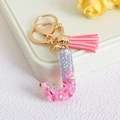 Pink letter J keychain with silver glitter resin, gold tassel, and sparkling sequins charms - Letter J / Pink