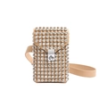 Beige leather crossbody phone bag with sparkling rhinestones and silver metal lock closure - Brown