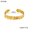 Elegant gold-plated stainless steel leaf open bangle with intricate vine texture design - Gold Leaf Style (BZ1059B)