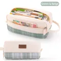 Green plaid and beige canvas telescopic pencil case with large capacity storage - 952 Green/Beige Plaid