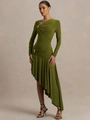 Olive green off-shoulder long sleeve dress with ruffle hem and gold ring detail - S / Yellow-Green