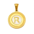 Golden round pendant with letter R featuring white center and radiant textured border - Letter R (S-P005-R)