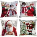 Set of four vintage Christmas pillow covers with Santa and snowman festive patterns - Western Retro Christmas Illustration Set