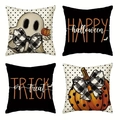 Set of 4 linen Halloween pillow covers with ghost, pumpkin, and bat patterns on white background - Halloween Series 4-Piece Set-23