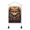 Detail of 3D cat tapestry with tribal patterns, wooden rod, and decorative tassels - Style 7 / 35x50cm