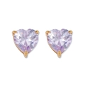 Detail view of heart-shaped purple zircon stud earrings with elegant gold claw setting - Earrings-Purple