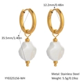 Gold stainless steel hoop earrings with white ceramic pearl charms and size dimensions - White Pearl Style Pendant (YYE025156-WH)