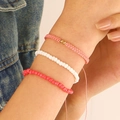 Three-piece stretch bead bracelet set with pink woven rope and colorful resin beads - White/Rose Pink (7964)