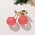 Pink glitter cherry resin pendant with golden metal leaves for DIY keychains - Shiny Gold Stem Pink