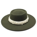 Detail of olive green wool felt boater hat featuring a decorative white pearl band - M (56-58cm) / Army Green