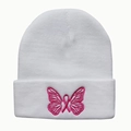 White knitted beanie with pink butterfly embroidery and breast cancer awareness ribbon - One Size / White