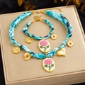 Set gioielli in seta leopardata blu con ciondoli a cuore e rosa dorati - Set da Due Pezzi N3907 B1891