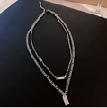 Collana a doppio strato in acciaio inossidabile argento con ciondoli rettangolari - Doppia Etichetta Rettangolare Argento a Strati