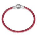Red braided leather bracelet with polished silver S925 sterling silver barrel clasp - 16cm / Red