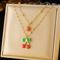 Double-layer gold plated stainless steel necklace with red cherry and leaf pendants - Double Layer Cherry Round Red Stone Style (N3115)