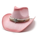 Detail of pink woven cowboy hat with turquoise star emblem and hemp rope trim - M (56-58cm) / Rose Pink