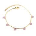 Minimalist golden stainless steel anklet with six purple enamel heart charms and clasp - Gold Purple Heart Style (AN11870CG)