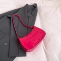 Glossy bright pink patent leather baguette bag for women with a gold buckle strap - Rose Red