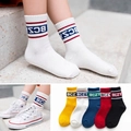 Set of colorful cotton athletic crew socks with striped cuffs and letter patterns - Plain Bczy / 3-5 Years (Feet length 13-15cm)