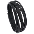 Detail of multi-layer black leather bracelet featuring a metal cross and magnetic clasp - Cross Black