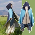Poncho à capuche en tricot ethnique dégradé bleu et beige avec des franges - Couleur 8