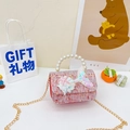 Pink tweed girls handbag with pearl handle and sequin mermaid tail decoration - Horizontal Red