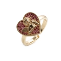 Golden heart-shaped ring with red crystals and angel relief on a clean white background - Adjustable Open / CR0167 Gold Heart Cupid Red Zircon