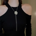 Detail of silver rose flower pendant with long snake chain tassels and metal bars - 3D Rose Tassel Style (14#)