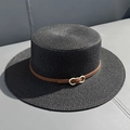 Flat top black straw sun hat with wide brim and brown leather band detail - M (56-58cm) / Black