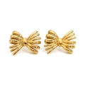 Polished gold-plated stainless steel bow earrings with 3D ribbon design on white background - Gold