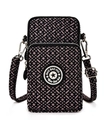 Crossbody phone bag with black and pink geometric pattern and adjustable strap - Small Grid